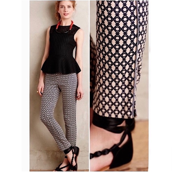 NWOT ANTHROPOLOGIE Cartonnier Charlie ankle pants blue cream weave pattern new - Picture 1 of 6